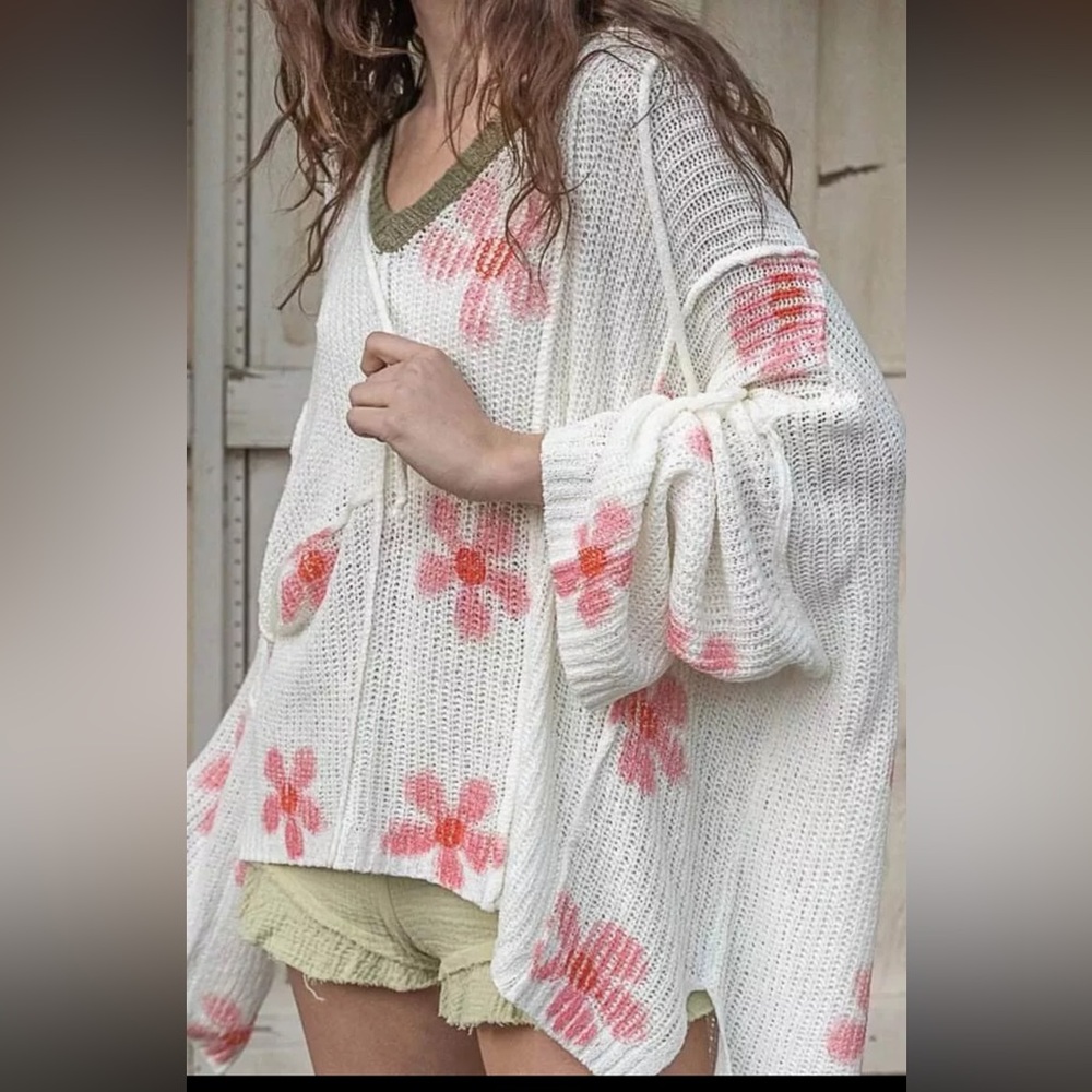 POL  Daisy Flower Print V Neck‎ Lightweight Hoodie Sweater Very Oversized - Picture 6 of 12